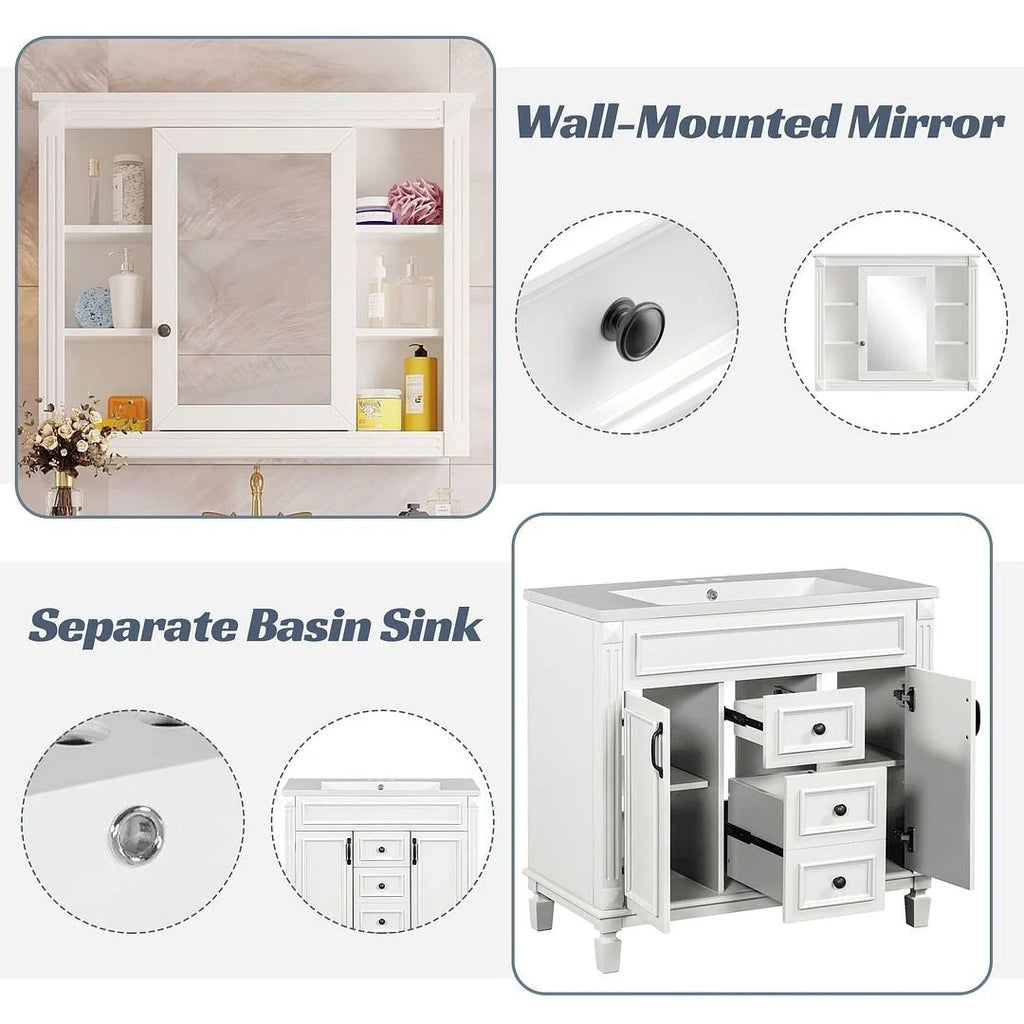 Mobile bagno moderno da 90 cm con lavabo integrato e specchiera, 2 ante e 2 cassetti