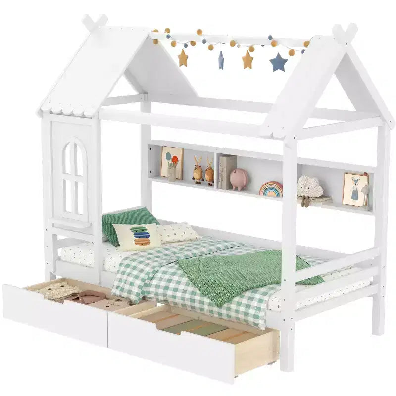 Letto a capanna con cassetti contenitori e finestra, struttura in legno massello con mensole, design giocoso infantile, bianco chiaro