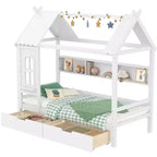 Letto a capanna con cassetti contenitori e finestra, struttura in legno massello con mensole, design giocoso infantile, bianco chiaro