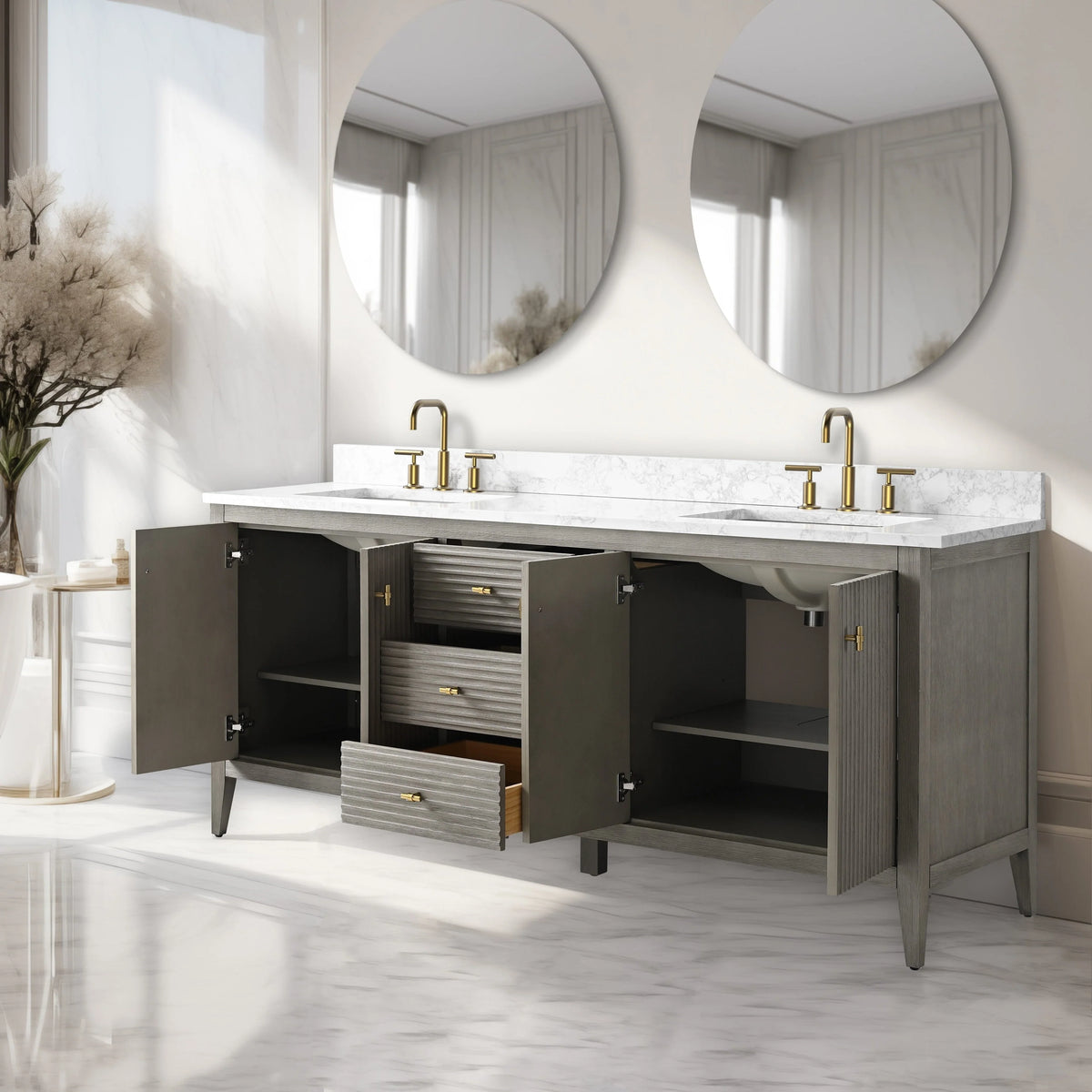 Mobile lavabo doppio Vanity Art 72 per bagno, con top in marmo tecnico