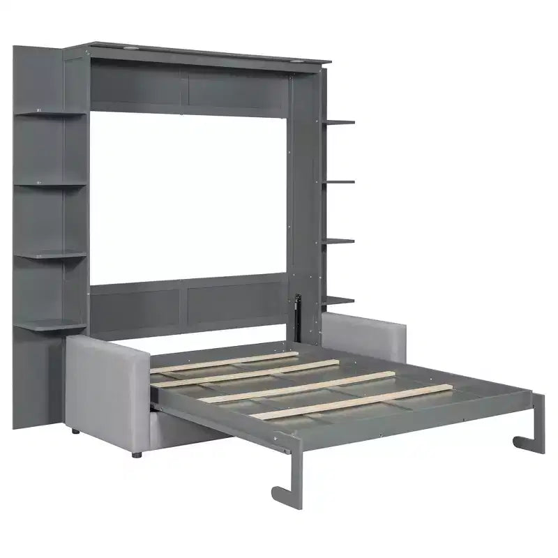 Letto a scomparsa Queen Murphy con divano, letto a scomparsa Queen Size con armadio, letto a parete pieghevole con libreria e mensole per camera degli ospiti o ufficio
