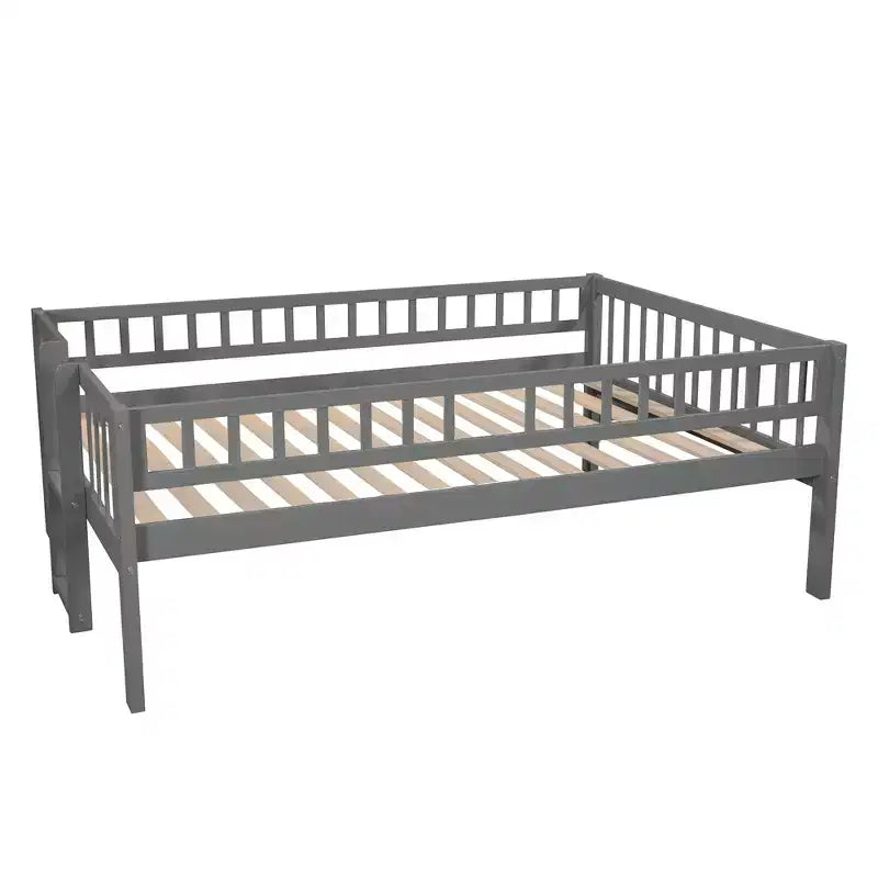 Letto a castello triplo Full Over Full con scaletta convertibile e scivolo, letto triplo con ringhiere di protezione, bianco/grigio/espresso - ModernLuxe