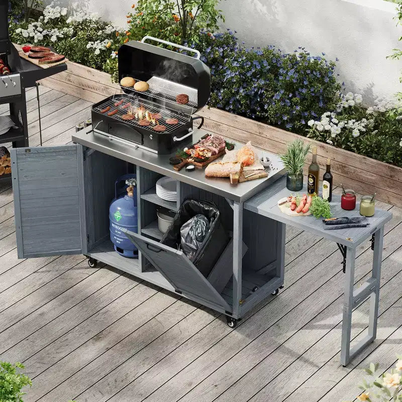 FAMYYT Isola per Cucina da Esterno da 78.3 Pollici con Piano di Lavoro in Acciaio Inossidabile, Stazione Barbecue Pieghevole e Armadietti Contenitore, Grigio Blu
