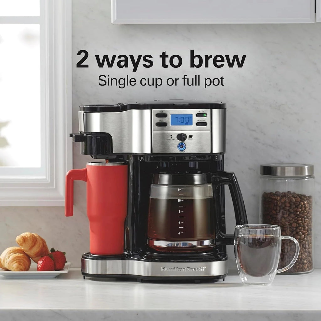 Macchina da caffè 2 in 1 da 12 tazze con caraffa in vetro e singola porzione, Pausa e Servi automatico, Nera