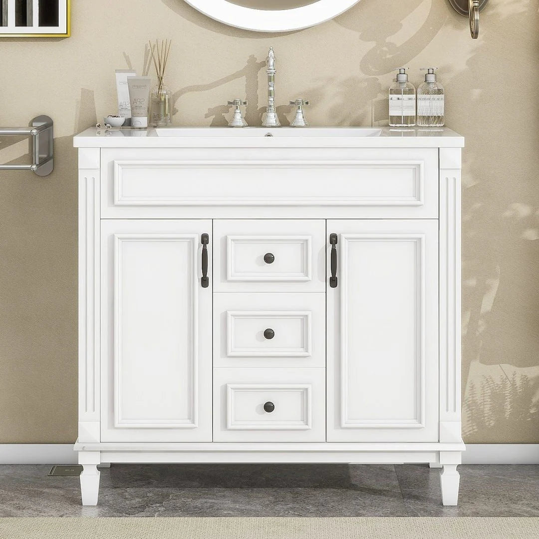 Mobile bagno moderno da 90 cm con lavabo integrato e specchiera, 2 ante e 2 cassetti