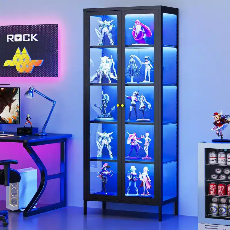 Bekrvio 67H Vetrina in Vetro a 3 Lati con Luci a LED, Mobile Contenitore a 5 Livelli con Doppie Ante e Cornice Metallica per Oggetti da Collezione, Ideale per Spazi Piccoli