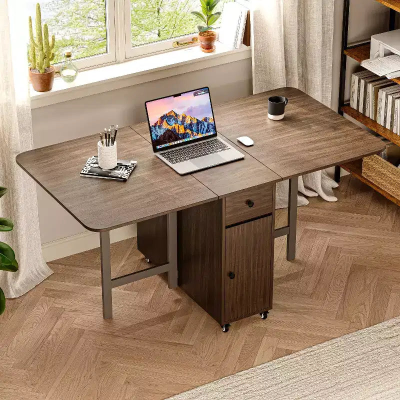 Tavolo da pranzo pieghevole ATJafurn 59'' con ante a ribalta per piccoli spazi, tavolo da cucina rettangolare estensibile in legno con ruote e contenitore