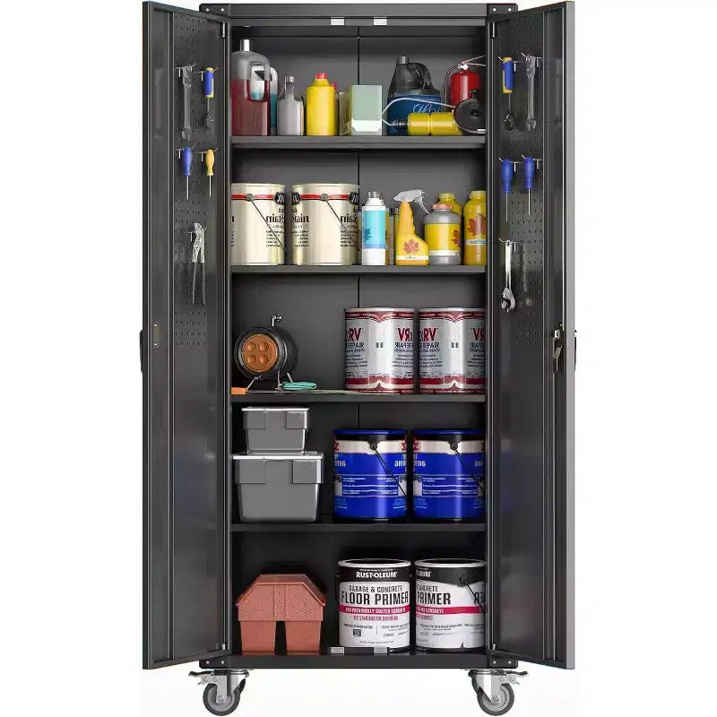Armadietto portaoggetti da garage con ruote e pannello forato, armadio metallico con serratura alto 183 cm con 2 ante e 4 ripiani regolabili per officina o garage