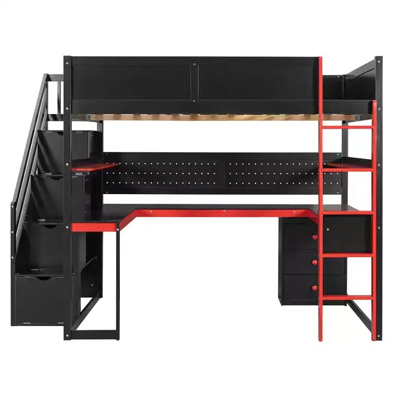 Letto a soppalco da gaming in legno Scott di GDFStudio con scale contenitore, scrivania, mensole e pannello forato