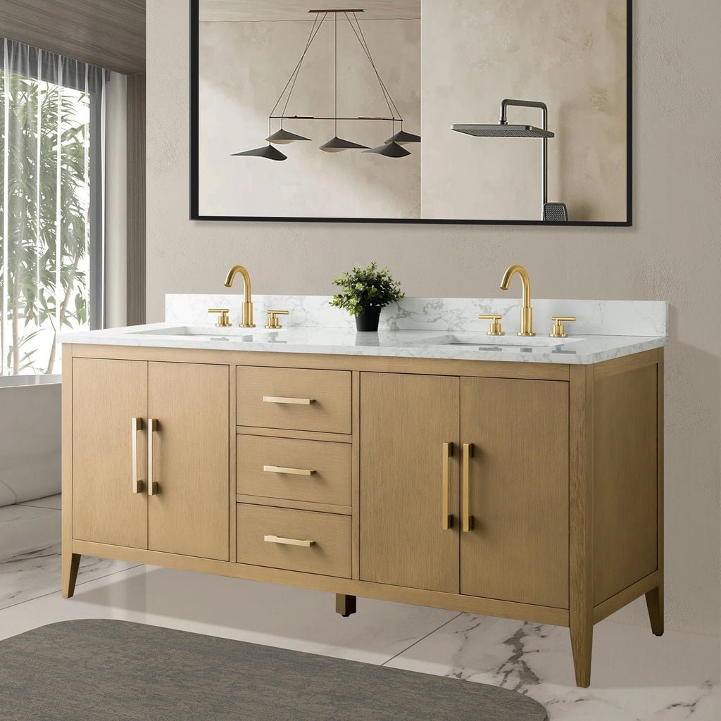 Mobile lavabo doppio Vanity Art 72 per bagno, con top in marmo tecnico