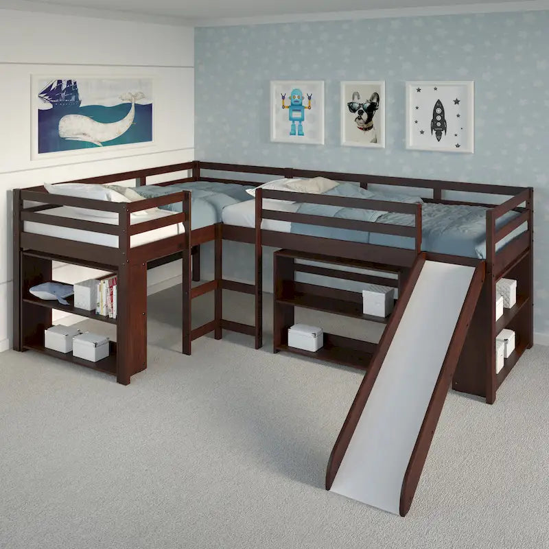 Letto a soppalco con scivolo a elle doppio e doppio in stile Dark Cappuccino