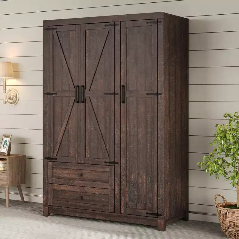 AMERLIFE 47 Armadio Guardaroba Stile Country con 3 Ante, 2 Cassetti, Asta Appendini e Ripiani Regolabili, Organizzatore per Armadio Autoportante