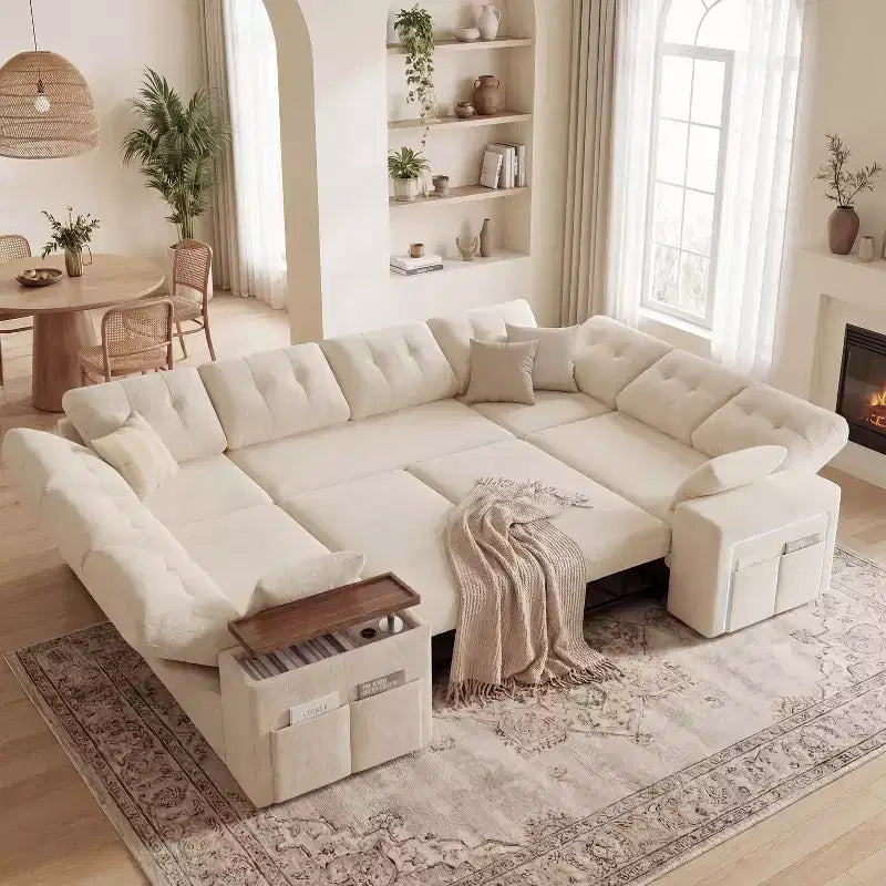 Divano letto componibile modulare Dyonery 112 con letto estraibile, divano componibile a U con contenitore, divani con seduta extra ampia e profonda per soggiorno