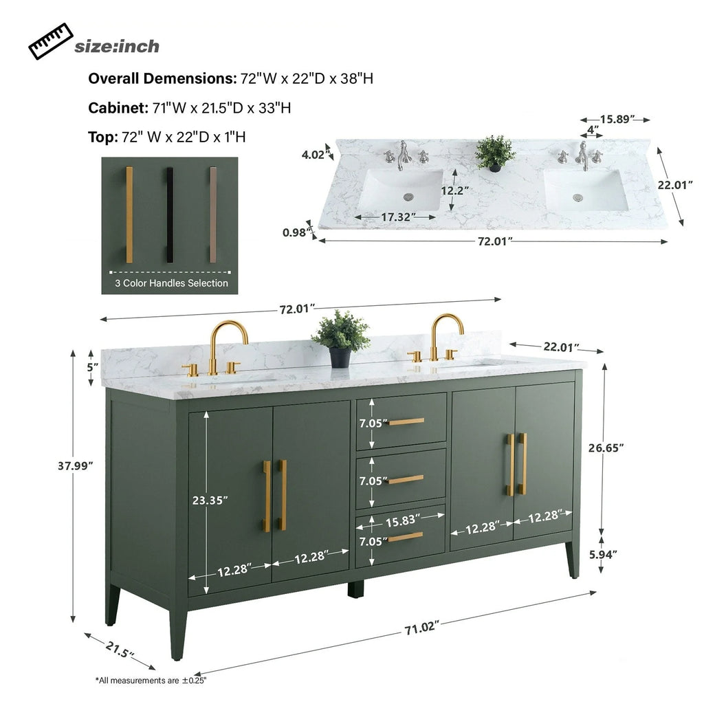 Mobile lavabo doppio Vanity Art 72 per bagno, con top in marmo tecnico
