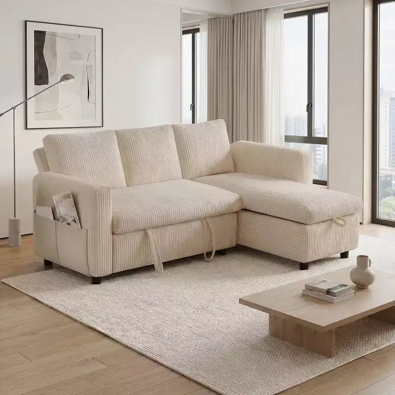 Dyonery Divano Letto Angolare 81, Divano Estraibile a L con Chaise Longue Reversibile con Contenitore, USB, Schienale Reclinabile