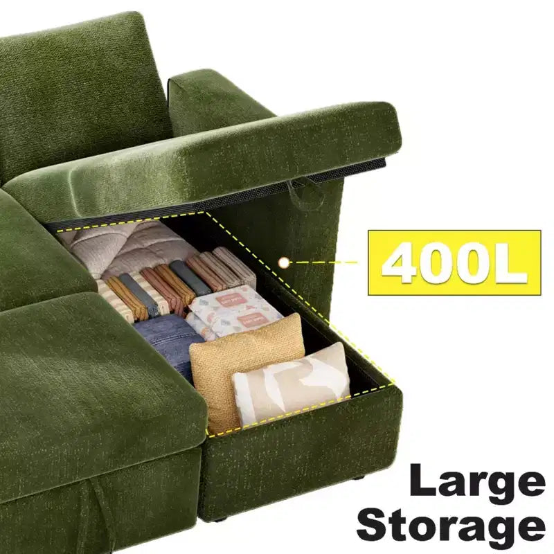 Divano letto estraibile 2 in 1 con chaise longue contenitore, divano sezionale in ciniglia con porte USB per soggiorno
