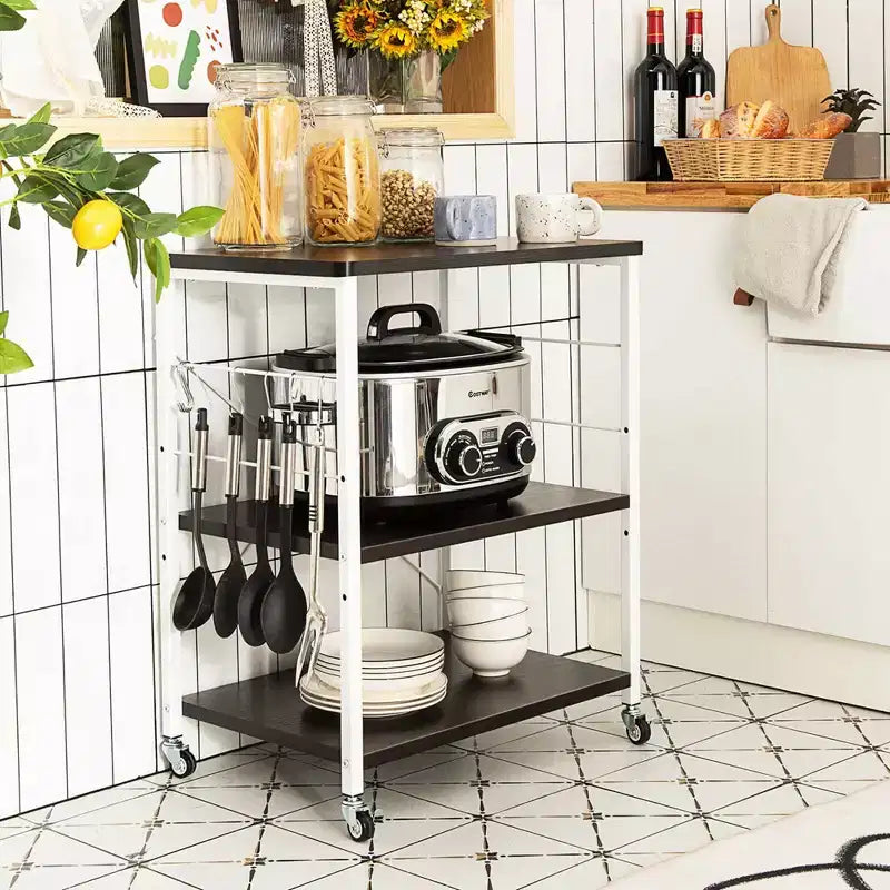 Scaffale da Cucina a 3 Livelli Costway, Carrello per Forno a Microonde con Gancio