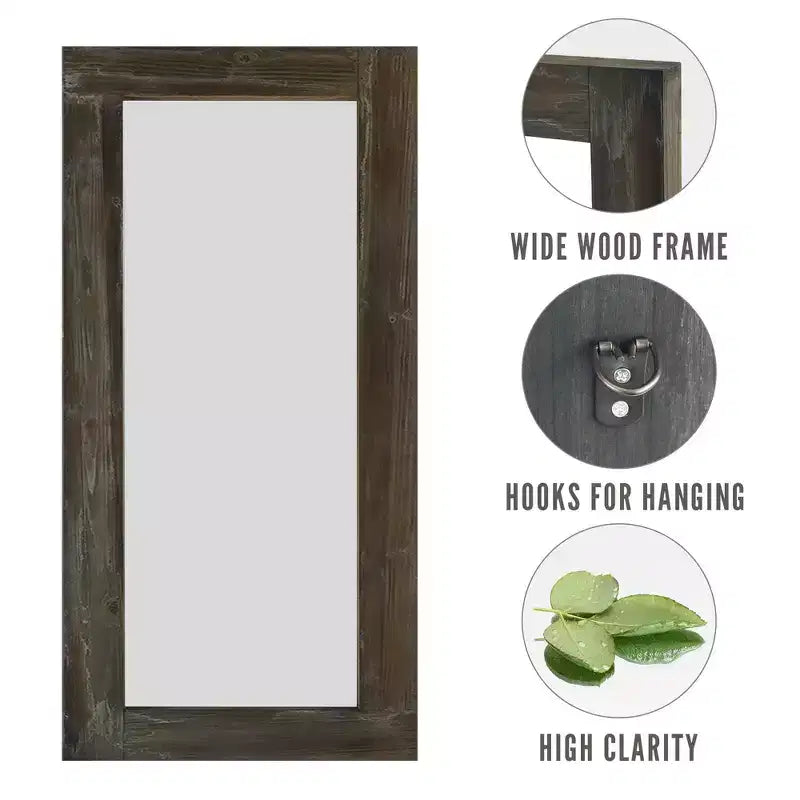 Specchio a figura intera rettangolare ad angolo retto in legno massiccio, usato, marrone, 71x31 pollici (senza staffa)