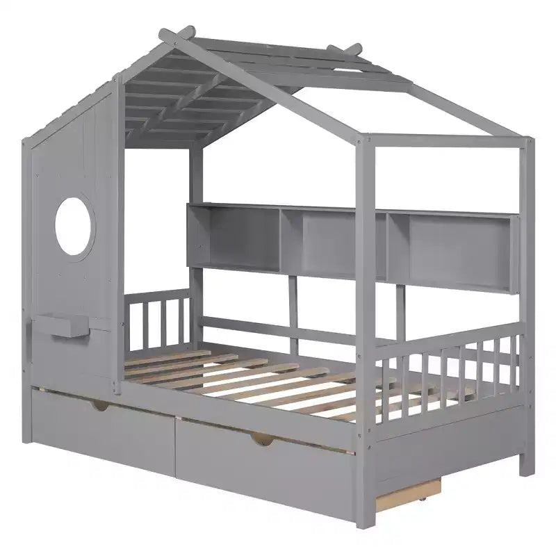 Letto in legno a forma di casa Twin/Full Size con 2 cassetti, letto per bambini con scaffale portaoggetti - ModernLuxe