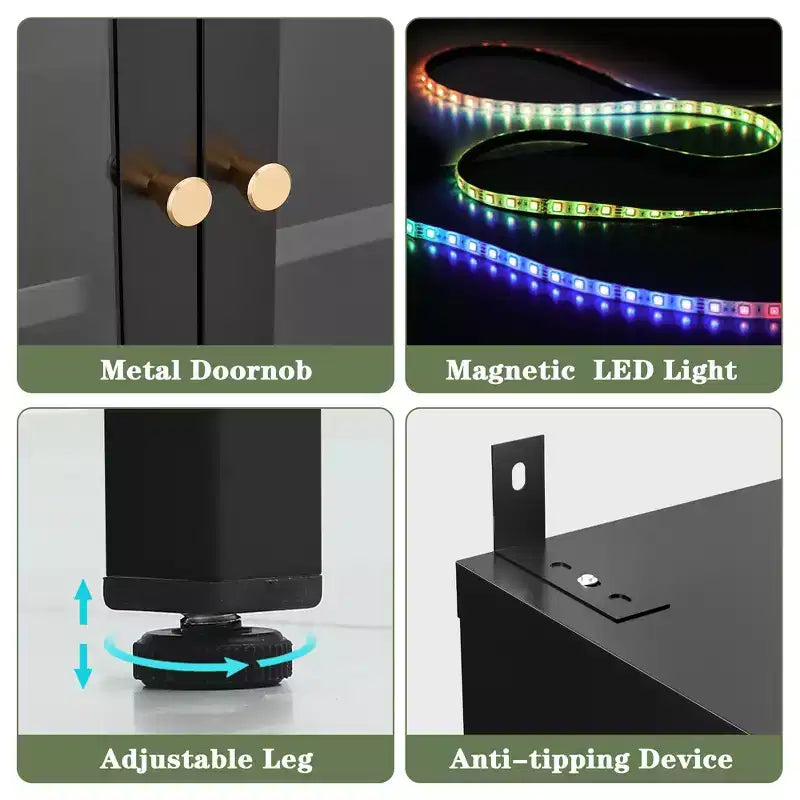 Bekrvio 67H Vetrina in Vetro a 3 Lati con Luci a LED, Mobile Contenitore a 5 Livelli con Doppie Ante e Cornice Metallica per Oggetti da Collezione, Ideale per Spazi Piccoli