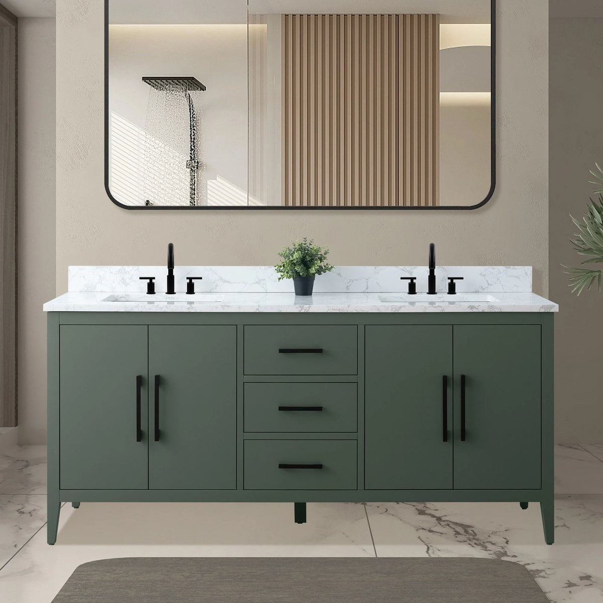 Mobile lavabo doppio Vanity Art 72 per bagno, con top in marmo tecnico