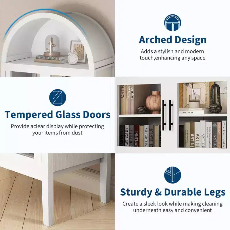 Mobiletto contenitore, Nero/Bianco, Stile ad arco, Singolo, Alto 71 con Luci LED e Ante in Vetro