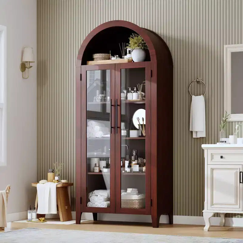 Mobile Contenitore Alto Ad Arco con Ante in Vetro, Libreria Espositiva a 5 Ripiani con Mensole Regolabili per Cucina o Soggiorno
