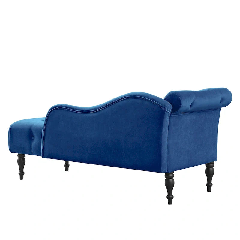 Moderna Chaise Longue da 60.6" in Velluto Imbottito con Bottoni Capitonnè, Gambe in Legno Massello e Borchie