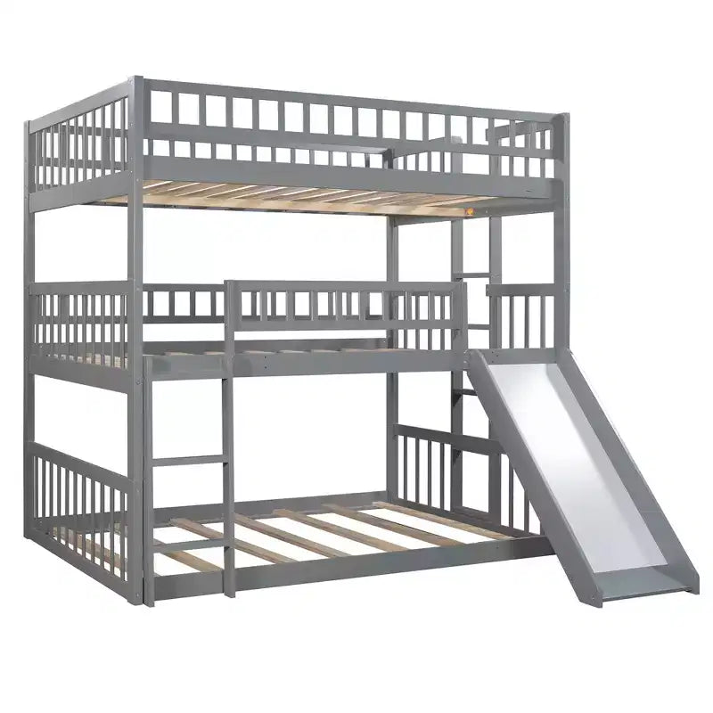 Letto a castello triplo Full Over Full con scaletta convertibile e scivolo, letto triplo con ringhiere di protezione, bianco/grigio/espresso - ModernLuxe