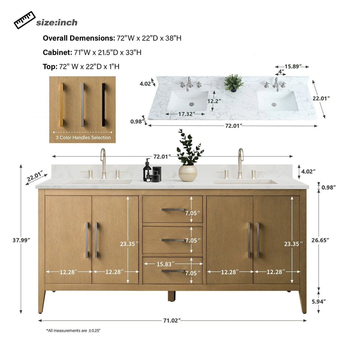 Mobile lavabo doppio Vanity Art 72 per bagno, con top in marmo tecnico