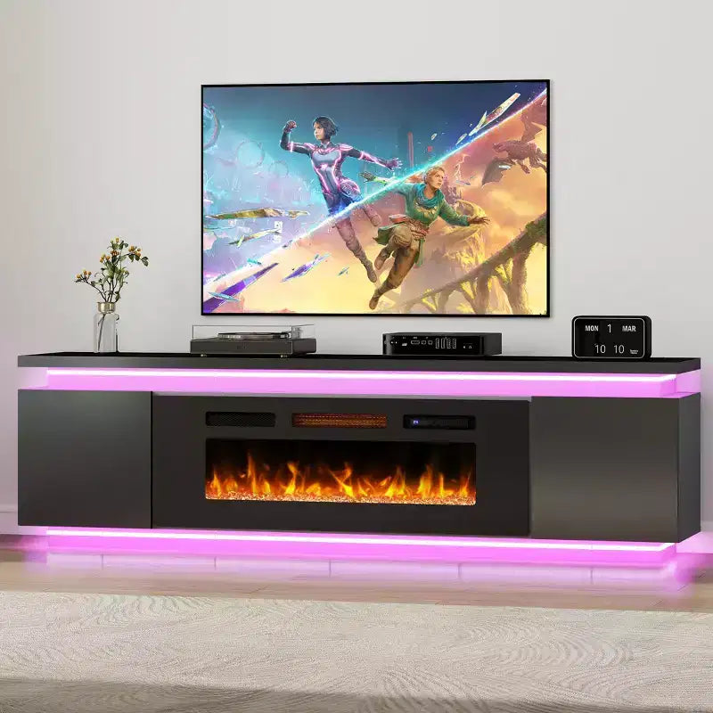 Mobile TV Skyzoo con caminetto elettrico per TV fino a 80" con luci LED e 4 prese di corrente AC, consolle TV per soggiorno