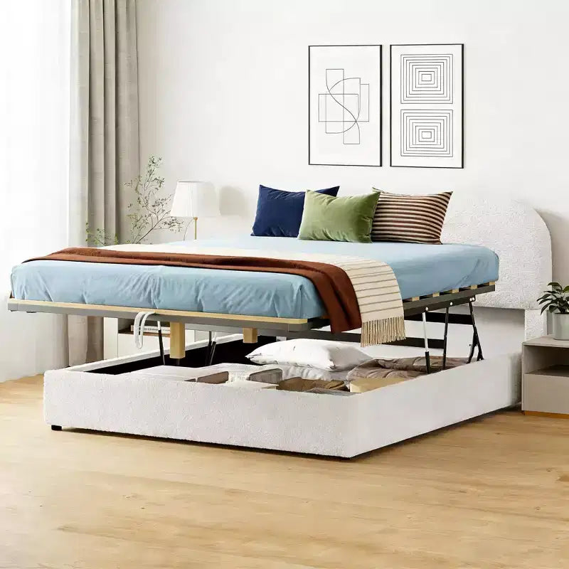 Letto matrimoniale imbottito con contenitore sollevabile - Bianco