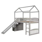 Letto a soppalco a castello con scivolo e scale, letto a soppalco con cassetti contenitori, letto a soppalco in legno a capanna per bambini e neonati