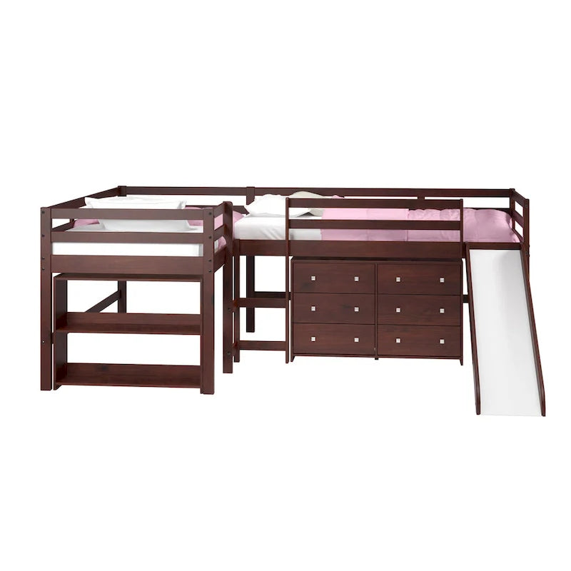 Letto a soppalco con scivolo a elle doppio e doppio in stile Dark Cappuccino