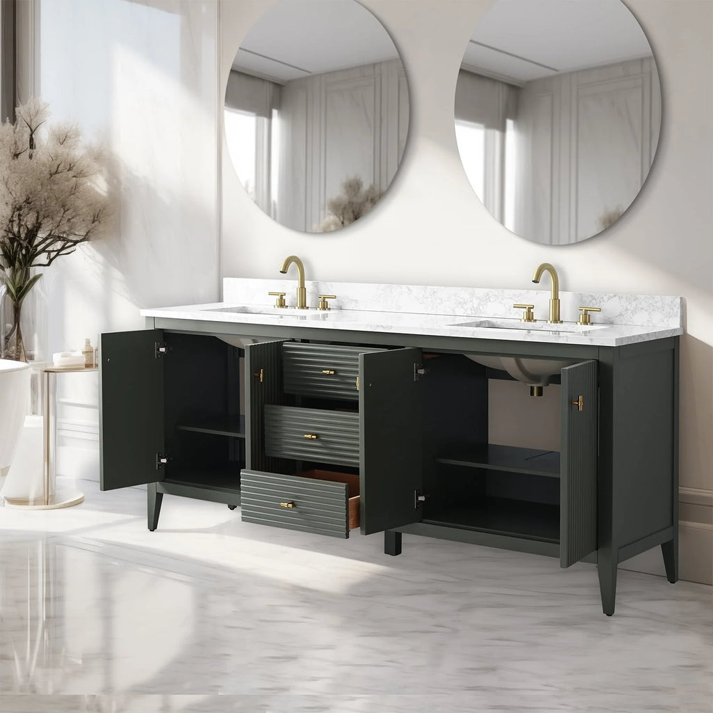 Mobile lavabo doppio Vanity Art 72 per bagno, con top in marmo tecnico