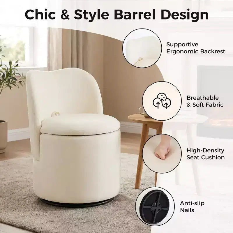 Sedia da toilette girevole con contenitore, Sgabello da trucco rotondo imbottito con schienale, Poltroncina a botte imbottita per camera da letto e soggiorno