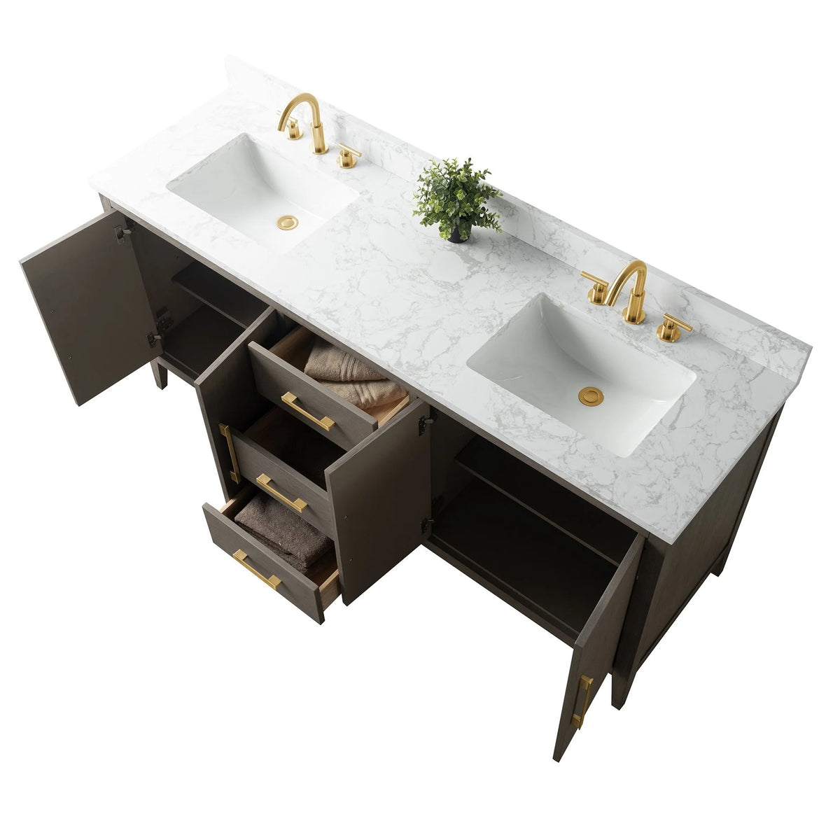 Mobile lavabo doppio Vanity Art 72 per bagno, con top in marmo tecnico