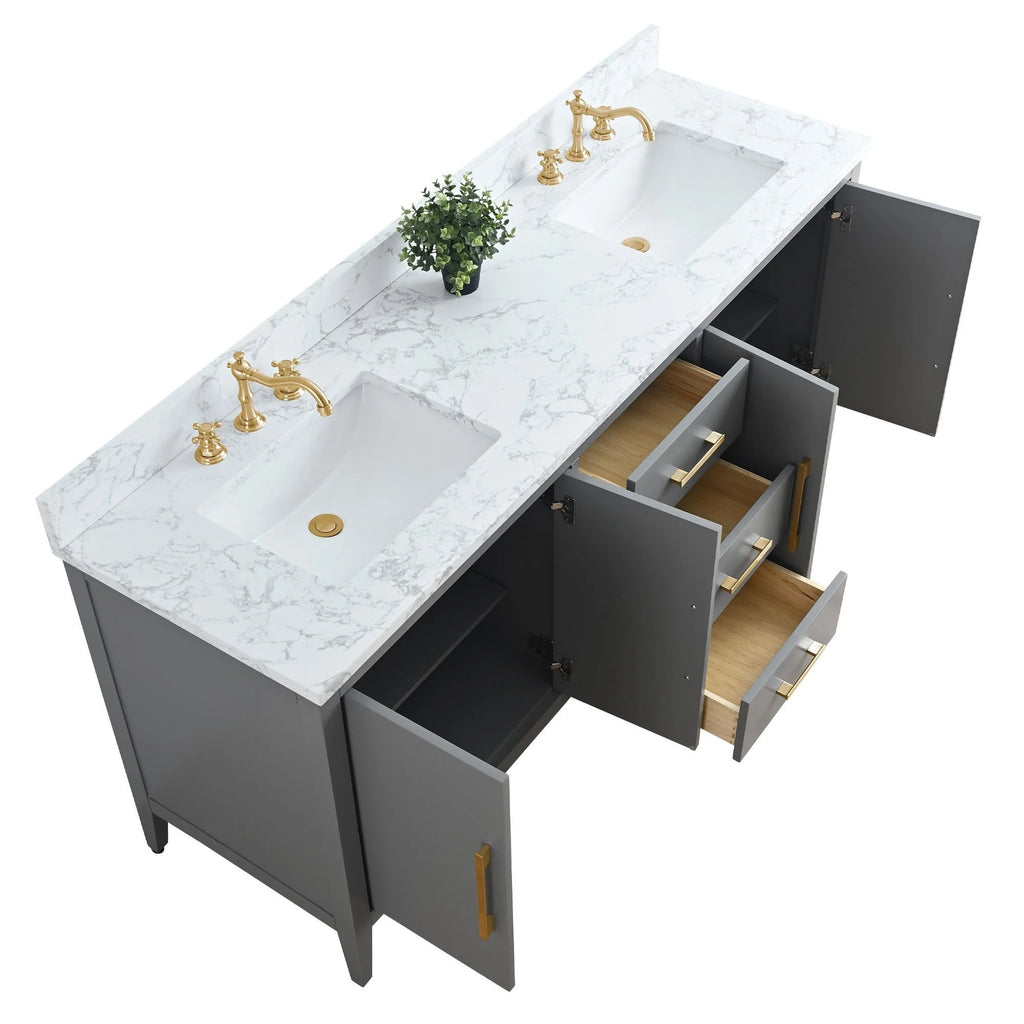 Mobile lavabo doppio Vanity Art 72 per bagno, con top in marmo tecnico