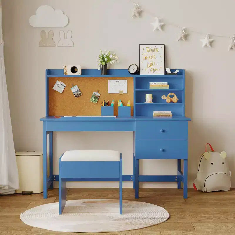 Set Scrivania e Sedia per Bambini, Tavolo da Studio in Legno con Piano Inclinabile Regolabile, Cassetti e Bacheca in Sughero - Set Scrivania per la Scuola dei Bambini