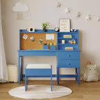 Set Scrivania e Sedia per Bambini, Tavolo da Studio in Legno con Piano Inclinabile Regolabile, Cassetti e Bacheca in Sughero - Set Scrivania per la Scuola dei Bambini
