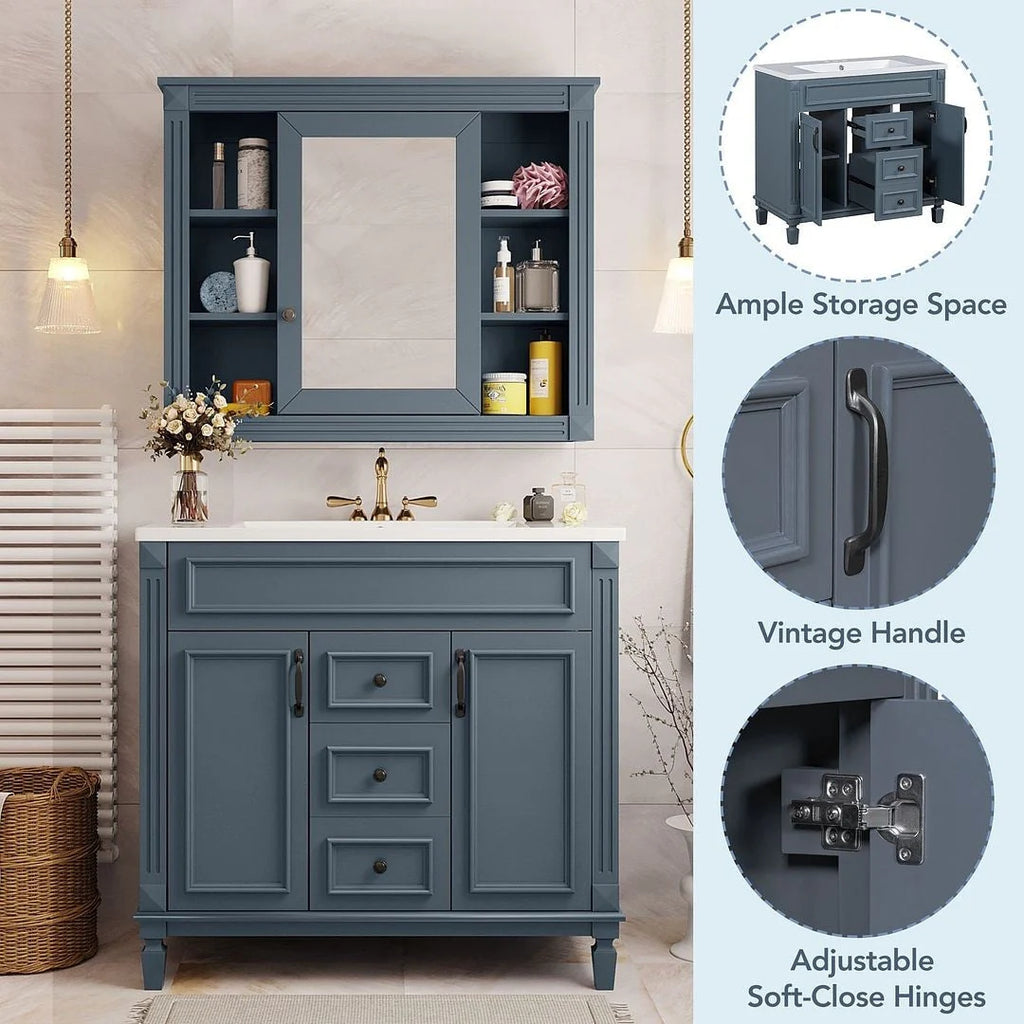 Mobile bagno moderno da 90 cm con lavabo integrato e specchiera, 2 ante e 2 cassetti