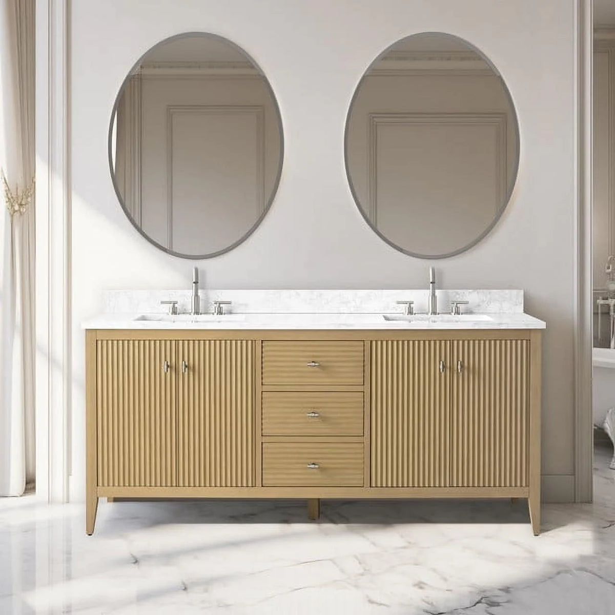Mobile lavabo doppio Vanity Art 72 per bagno, con top in marmo tecnico