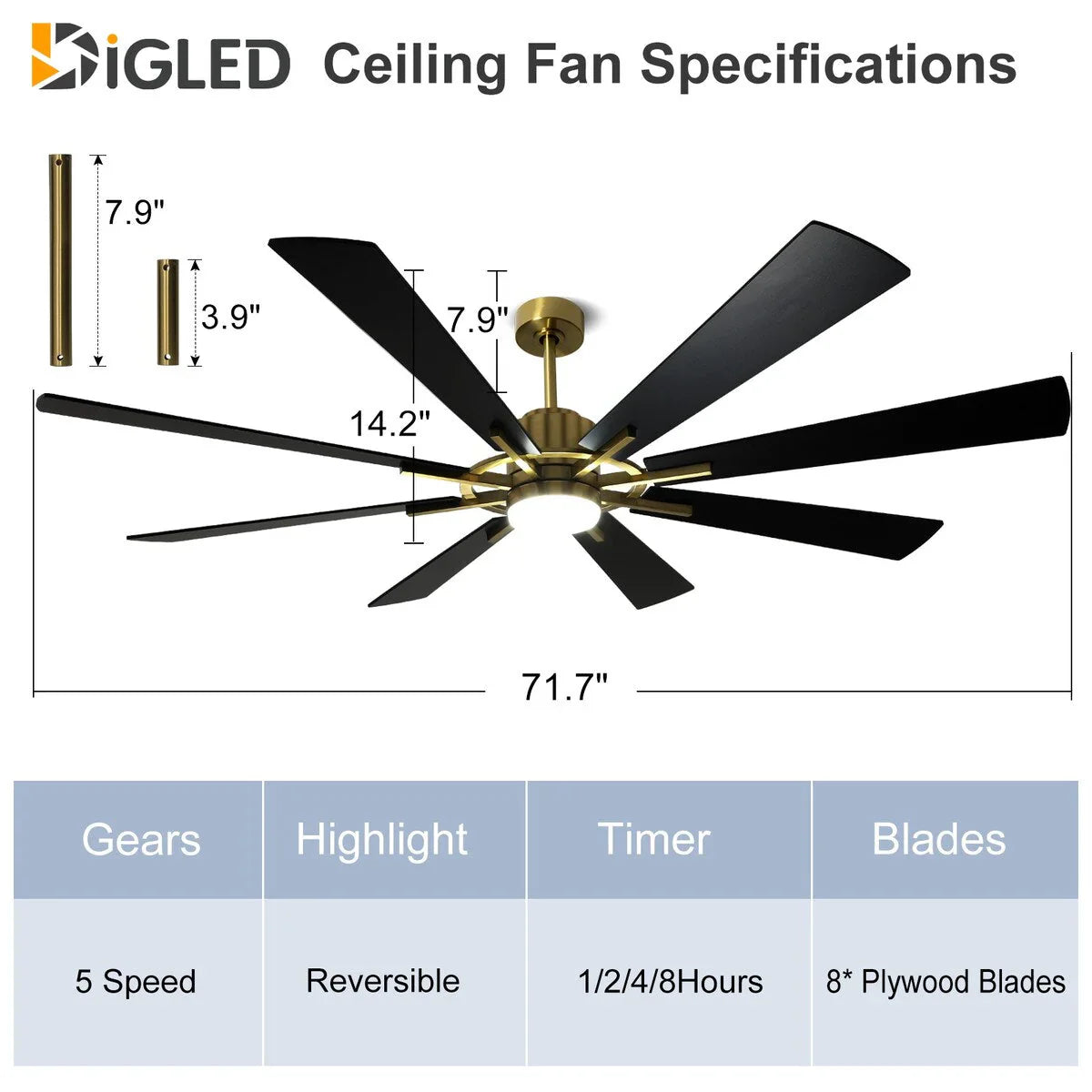 Ventilatore da soffitto con luci telecomandato e 8 grandi pale in legno