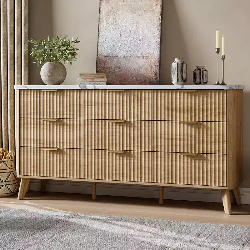 Comò scanalato a 9 cassetti, comò moderno, mobile TV in legno, design con profilo curvo, per soggiorno, corridoio