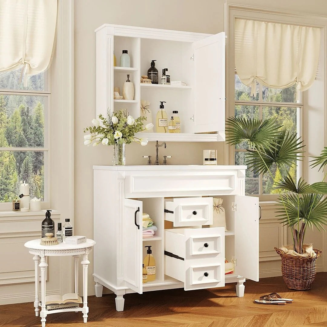 Mobile bagno moderno da 90 cm con lavabo integrato e specchiera, 2 ante e 2 cassetti