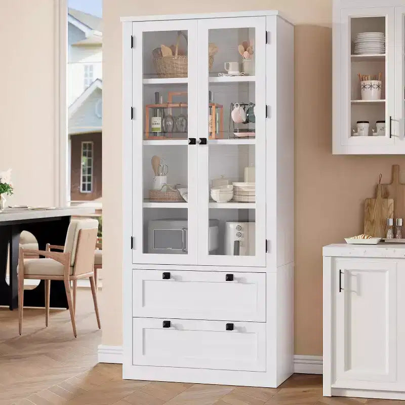 Mobile dispensa da cucina colonica con ante in vetro, armadio contenitore da 72 pollici con cassetti e ripiani regolabili per sala da pranzo, bagno, soggiorno