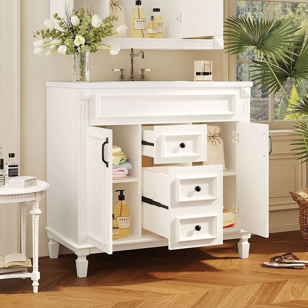 Mobile bagno moderno da 90 cm con lavabo integrato e specchiera, 2 ante e 2 cassetti