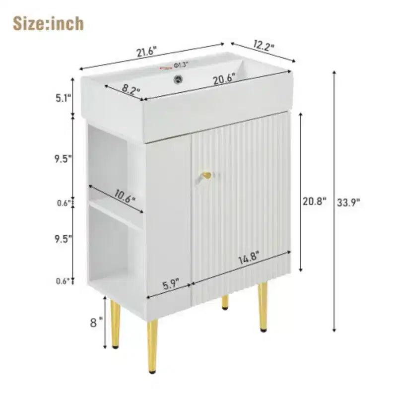 Mobile lavabo da bagno bianco da 21,6", mobiletto combinato, mobiletto da bagno, lavabo singolo in ceramica, contenitore laterale sinistro