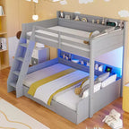 Letto a castello singolo su piazza e mezza con contenitore, luci LED e stazione di ricarica, letto a castello in legno con mensole laterali per bambini e ragazzi