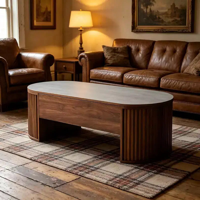 Tavolino da caffè con piano sollevabile, scomparto nascosto, ovale, marrone, 47.2